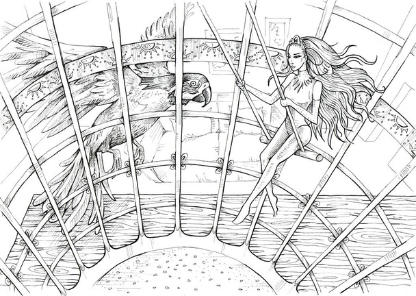 Leo. Tiny girl swinging in the bird's cage. Hand drawn illustration. Black and white drawing - Photo, Image