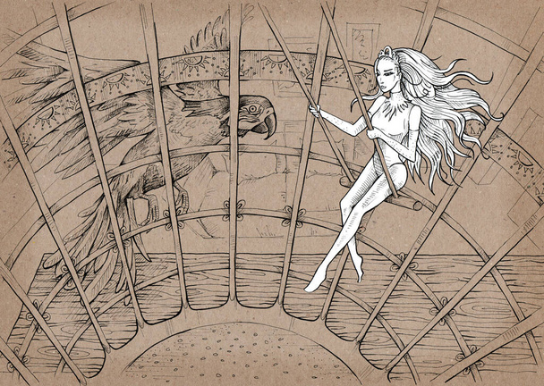 Léo. Une minuscule fille se balançant dans la cage de l'oiseau. Illustration dessinée à la main. Caractère noir et blanc sur fond carton rétro
 - Photo, image