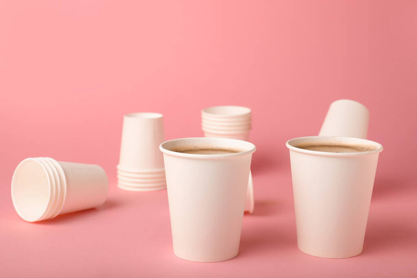 Takeaway coffee cups on color background - Photo, image