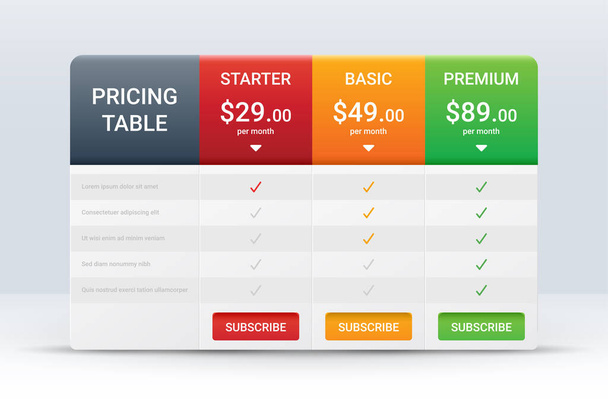 Price comparison table layout template for three products, vector illustration - Vektor, obrázek