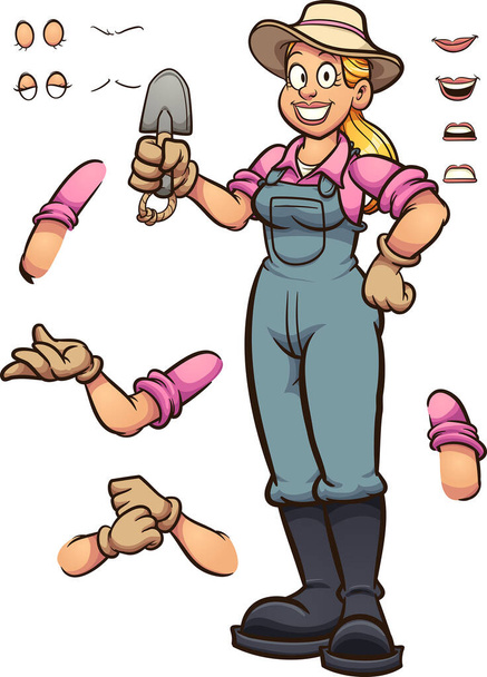 Jardinero femenino sosteniendo una pala pequeña. Vector ilustración clip de dibujos animados con gradientes simples. Algunos elementos en capas separadas
 - Vector, imagen