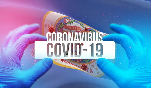 Coronavirus COVID-19 salgınının tıbbî konsepti ABD bayrağını dalgalandırıyor. Minnesota Eyaleti bayraklı 3D illüstrasyon. - Fotoğraf, Görsel