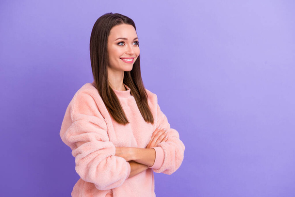 Profile photo of attractive business lady listen colleagues arms crossed company corporate seminar friendly smile wear casual warm soft sweater isolated purple color background - Photo, Image