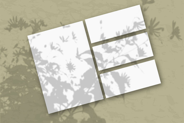 Plusieurs feuilles horizontales et verticales de papier texturé blanc contre un mur d'olivier. Maquette superposée avec les ombres de la plante. La lumière naturelle projette des ombres du haut des plantes et des fleurs des champs. - Photo, image
