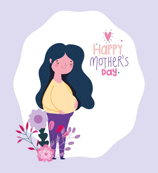ευτυχισμένη ημέρα μητέρες, έγκυος γυναίκα λουλούδια κινούμενα σχέδια - Διάνυσμα, εικόνα