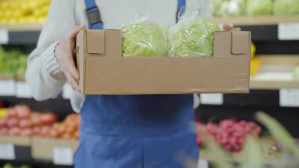 Male Caucasian hands stretching box with fresh cabbages to camera. Unrecognizable male employee showing vegetarian healthful food in grocery. Commerce, retail, business, vegetarianism. - Filmagem, Vídeo