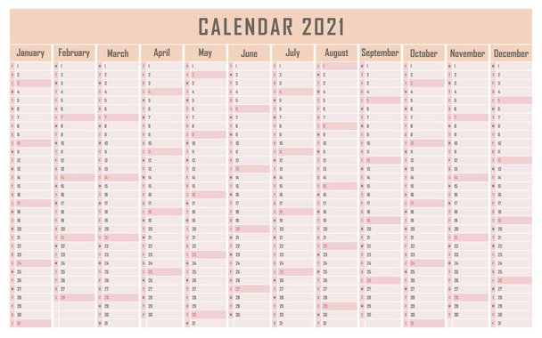 Календарь 2021, ежедневный планировщик событий, векторная цветная иллюстрация - Вектор,изображение