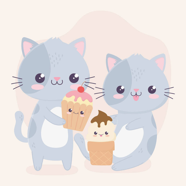 милые маленькие кошки с мороженым и персонажем мультфильма про кексы кавайи
 - Вектор,изображение