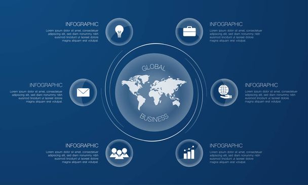 Global business infographic met icoon en tekst op blauwe achtergrond kan worden gebruikt voor het bedrijfsleven of start-up concept  - Vector, afbeelding