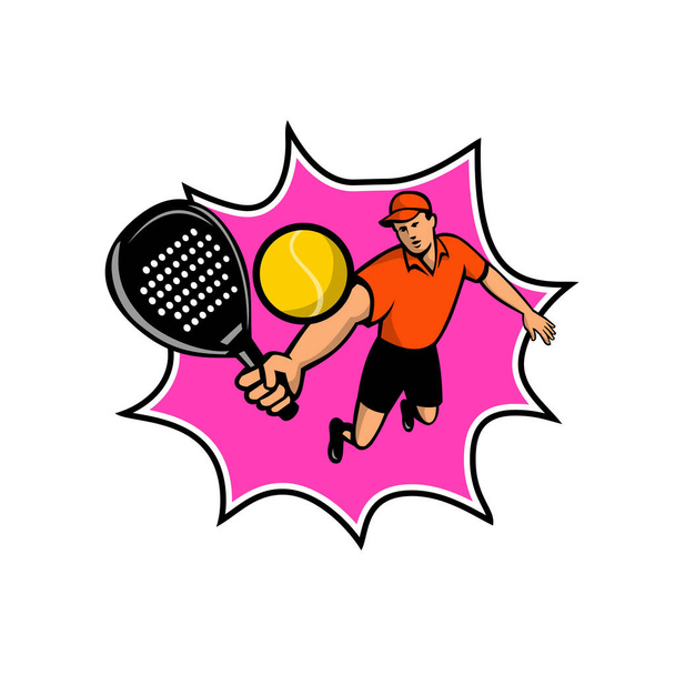 Illustrazione icona della mascotte di un giocatore di padel, uno sport racchetta con racchetta senza spalline saltare a palla visto di fronte su sfondo bianco isolato in stile retrò a colori
. - Vettoriali, immagini
