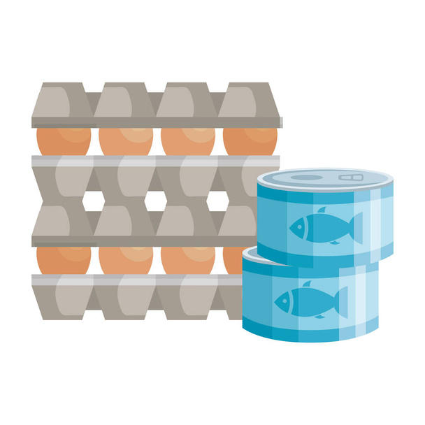 set eggs in package cardboard with can tuna foods - Vettoriali, immagini