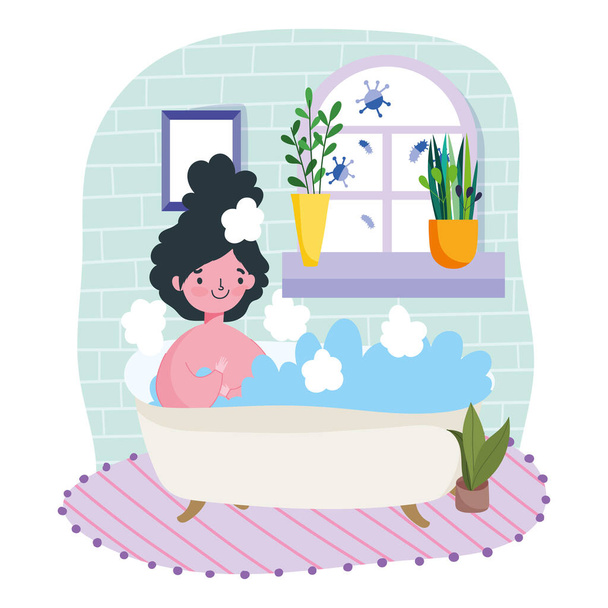 оставаться дома, молодая женщина отдыхает в ванной комнате с растениями в горшках
 - Вектор,изображение