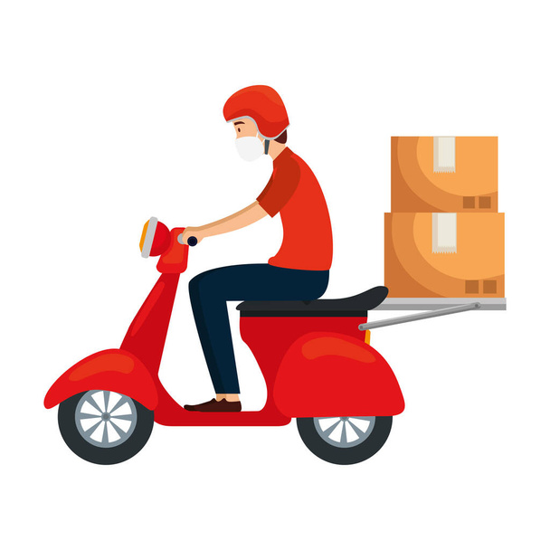 trabajador de entrega con mascarilla facial en motocicleta con cajas de cartón
 - Vector, Imagen
