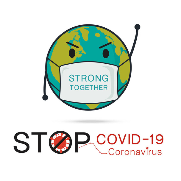 Állítsuk meg a COVID-19-et, a koronavírust a Föld bolygó rajzfilmfigurájában, légszennyező maszkot viselve a levegőminőség vektor illusztrációjához.. - Vektor, kép