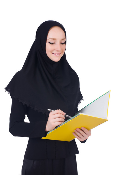 Young muslim student with books on white - Photo, Image
