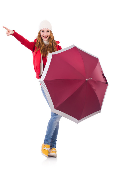 Young woman with umbrella on white - Zdjęcie, obraz