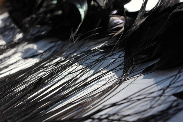 白い背景に黒い羽のフレーム。白を基調としたボア(羽のスカーフ)で作られたエモスタイルのフレーム。エキゾチックな柔らかい美しい黒い羽 - 写真・画像