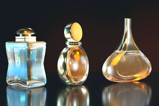 3D ilustracja perfumy butelka pobyt na szklanym stole z miejsca na czarnym tle - Zdjęcie, obraz