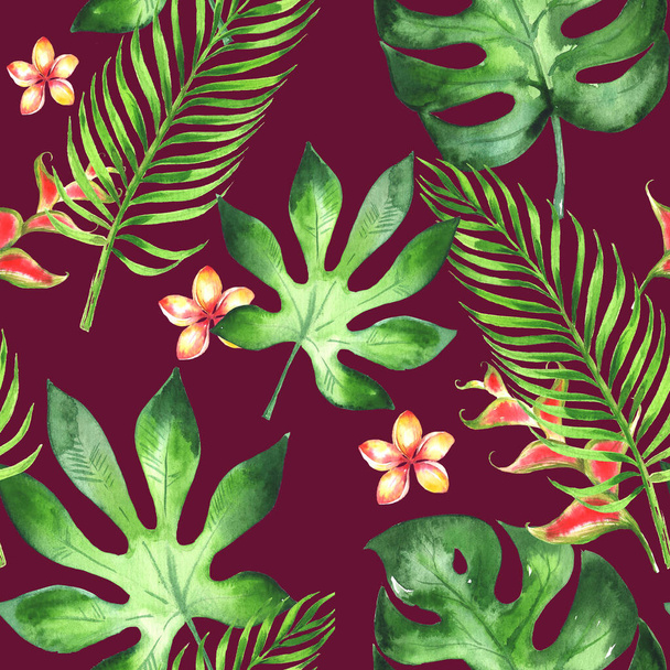 エキゾチックな熱帯の葉と暗いボルドの背景に対する花を持つ水彩季節の明るい夏のシームレスなパターン。バナー、プリント、ラッピング、テキスタイル用のマルチカラーテンプレートを手描き. - 写真・画像