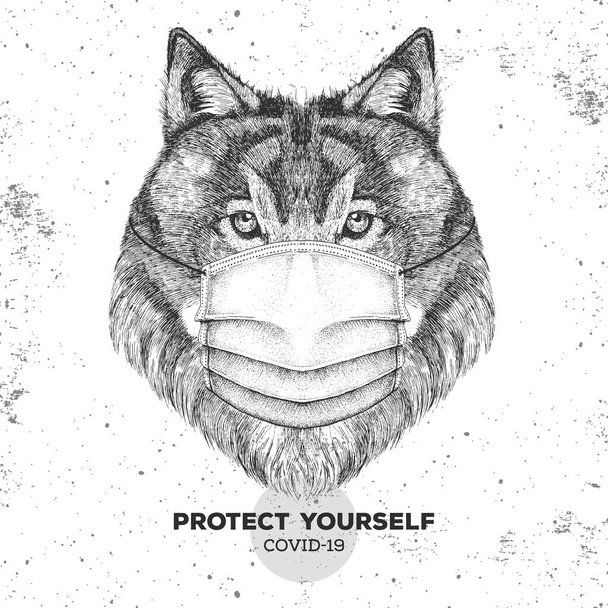 Ζωγραφίζει ζώα λύκους φορώντας μάσκα προσώπου. Μέθοδοι προστασίας Covid-19. Προειδοποίηση καραντίνας του Κοροναβίρου. Εικονογράφηση διανύσματος - Διάνυσμα, εικόνα