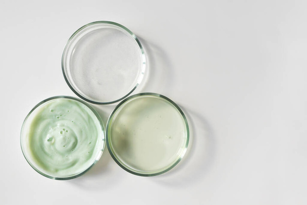 Glass petri dishes with shampoo, shower gel and serum with copy space, above - Foto, Bild