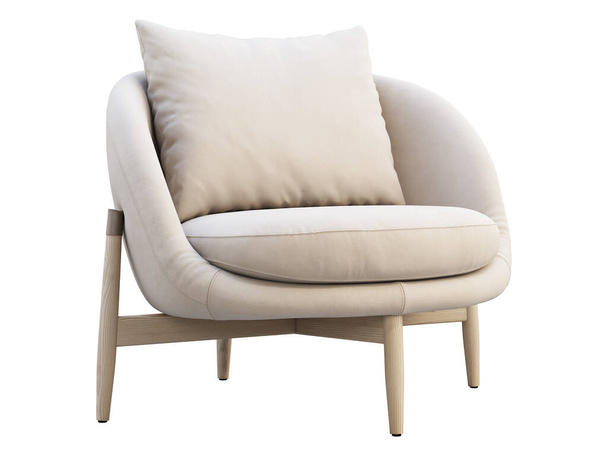 Jasnobeżowy skórzany fotel z poduszką na białym tle. Nowoczesne drewniane nogi krzesło. 3d renderowanie - Zdjęcie, obraz