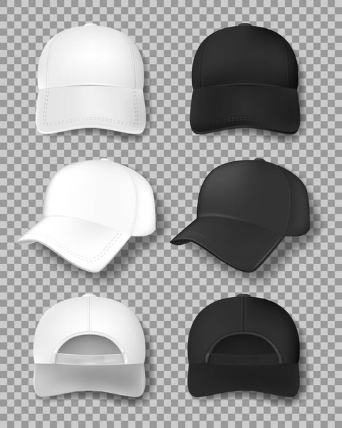 透明な背景に隔離された現実的な野球帽のモックアップ。白と黒のテキスタイルキャップフロント、バックとサイドビュー。ユニフォームの帽子のテンプレート。ベクターイラスト - ベクター画像