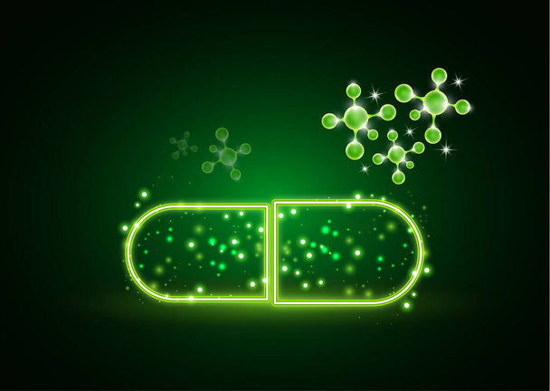 Abstract neon capsule, pill with molecules. The concept of medicine, healthcare, pharmacy and modern science. Vector illustration for your design. - Vector, Image