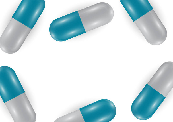 Achtergrond met heldere pillen, capsules. Vitamine pillen voor een goede gezondheid en antibiotica. Affiche banner voor website. Apotheek, pijnstillers capsules en medicijnen. Vectorillustratie - Vector, afbeelding