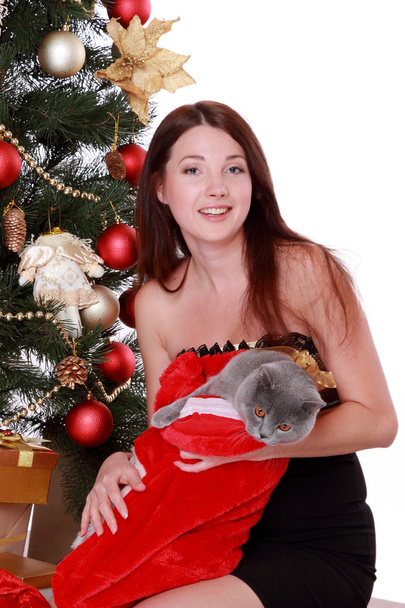Woman with cat over Christmas tree - Foto, imagen
