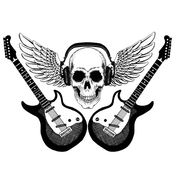Vector skull in headphones with guitars. Logo for shirt, musical online school, internet education, tattoo, poster. - Vecteur, image