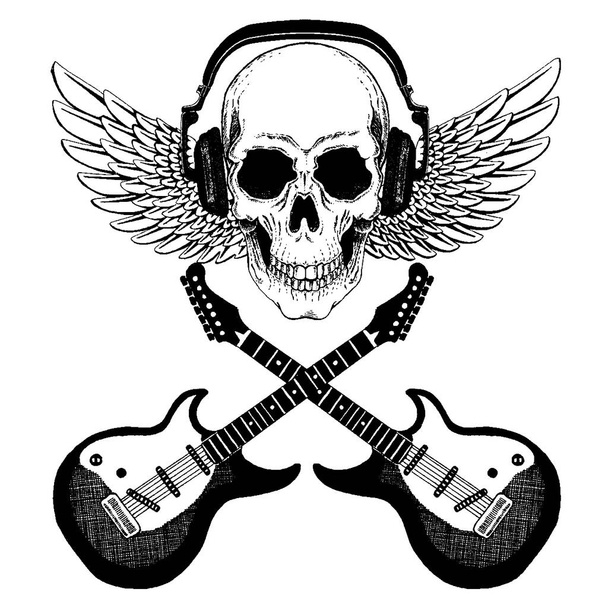 Vector skull in headphones with guitars. Logo for shirt, musical online school, internet education, tattoo, poster. - Vecteur, image