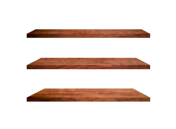 Conjunto de estantes de madera aislados sobre fondo blanco con camino de recorte para el diseño. Utilizado para mostrar o montar sus productos
 - Foto, Imagen