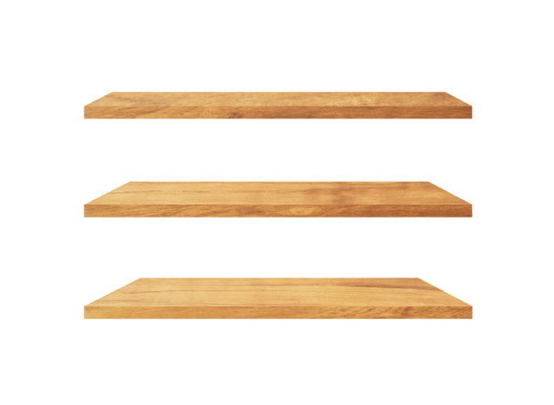Conjunto de estantes de madera aislados sobre fondo blanco con camino de recorte para el diseño. Utilizado para mostrar o montar sus productos
 - Foto, imagen