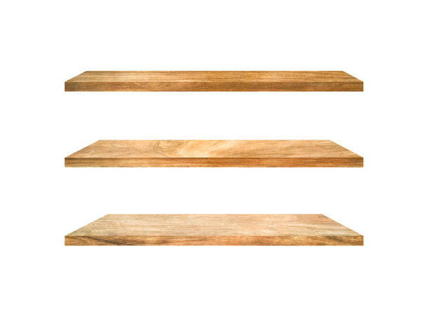 Conjunto de estantes de madera aislados sobre fondo blanco con camino de recorte para el diseño. Utilizado para mostrar o montar sus productos
 - Foto, Imagen
