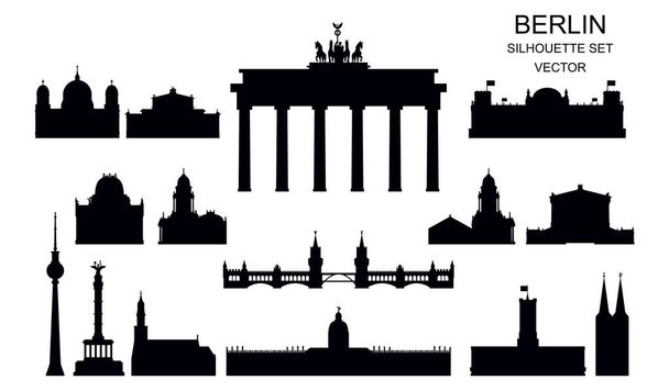 ベルリンのランドマークのシルエットのベクトルセット、ドイツ。白で隔離された黒いイラスト。ベルリン旅行のコンセプト。白い背景に隔離された主なランドマークの水平イラスト。ストックイラスト - ベクター画像