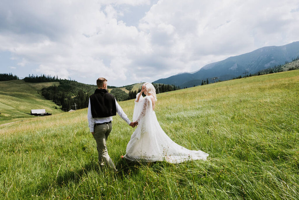 Bela noiva e noivo caminham em um campo nas montanhas
. - Foto, Imagem