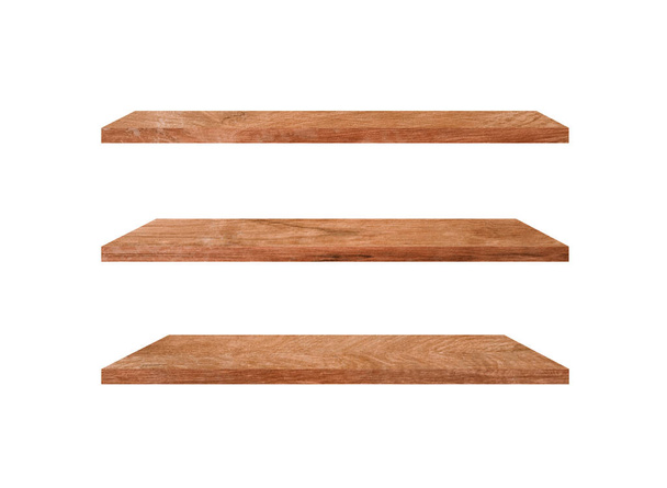 Group of old wood shelves isolated on white background with copy space and clipping path for work. Used for display or montage your products, top view - Photo, Image