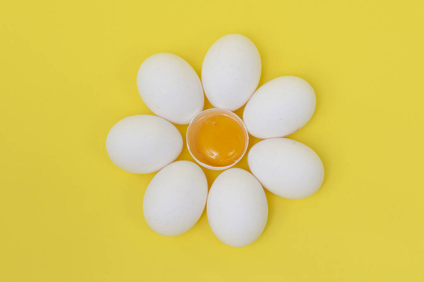 Close up - White Chicken eggs in a circle as a flower in the middle of the yolk on a yellow background - Fotó, kép