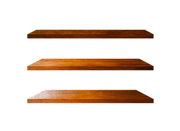 3 Retro wood shelves isolated on white background with copy space and clipping path for work - Photo, Image