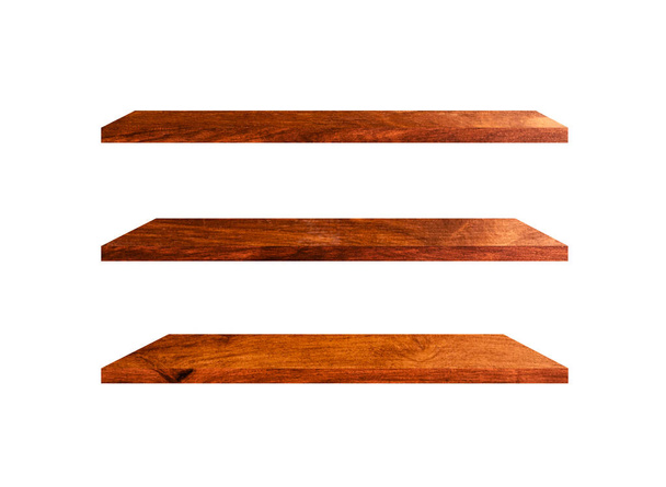 Beautiful brown wood shelves isolated on white background with copy space and clipping path for your product or design  - Photo, Image