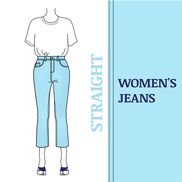 Jeans femininos azuis com silhueta reta. Calças curtas, de cintura alta, ajuste clássico e t-short básico. Tipos de corte popular para jeans, ilustração vetorial no fundo branco
. - Vetor, Imagem