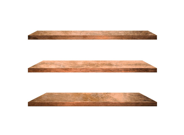 Three wooden shelves isolated on white background with clipping path for your product or design - Photo, Image
