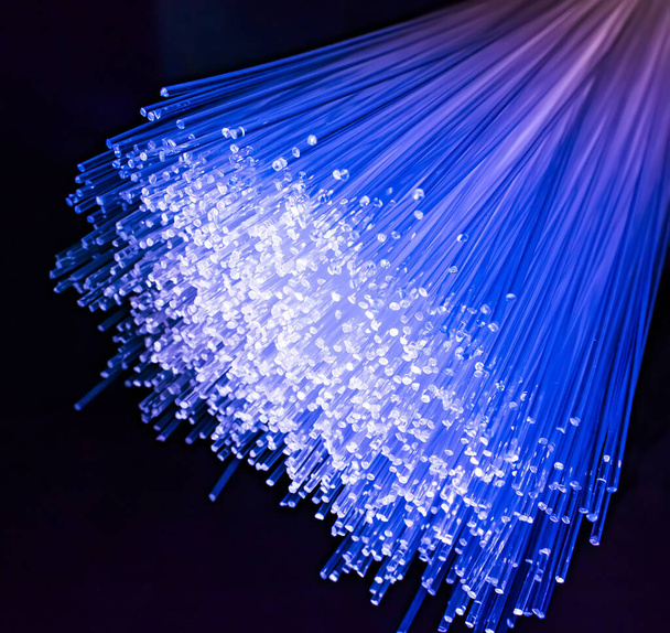 kabel światłowodowy do bardzo szybkiej komunikacji internetowej, wątki cienkiego światła, które przenoszą informacje z dużą prędkością. - Zdjęcie, obraz
