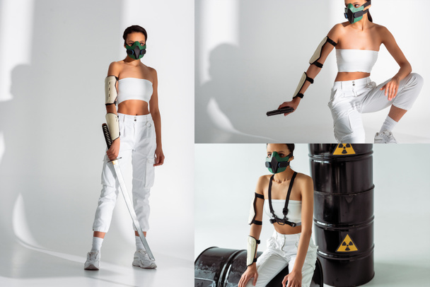 kollázs futurisztikus afro-amerikai nő biztonsági maszk fegyver közelében radioaktív hulladék hordók fehér háttér - Fotó, kép