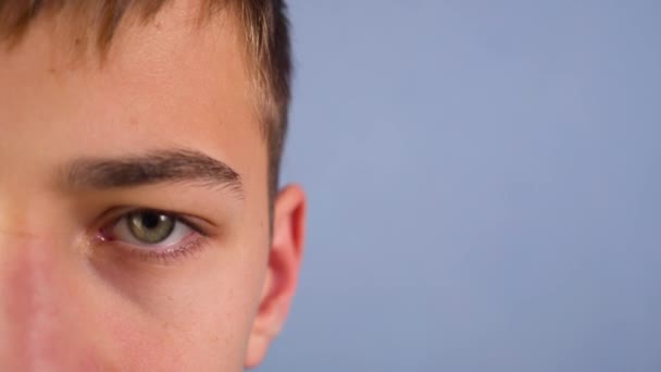10代の若者は悲しい目と目が見えない。青い背景の半分の顔. - 映像、動画