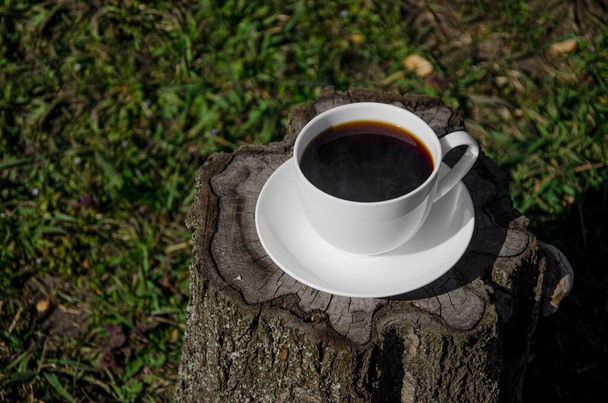 Açık hava bahçesindeki bir kütüğün üzerinde beyaz bir fincan kahve duruyor. Üst görünüm - Fotoğraf, Görsel
