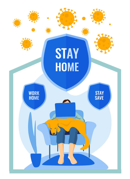 A man sitting on the sofa behind a laptop with red dog. Works or trained at home on quarantine from coronavirus. Three shield icons with the inscription stay home, work home, stay save. In blue and yellow colors. Cartoon style. - Vector, Image