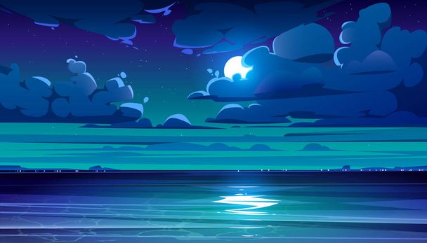 Night sea landscape with coastline and moon in sky - Vector, Image