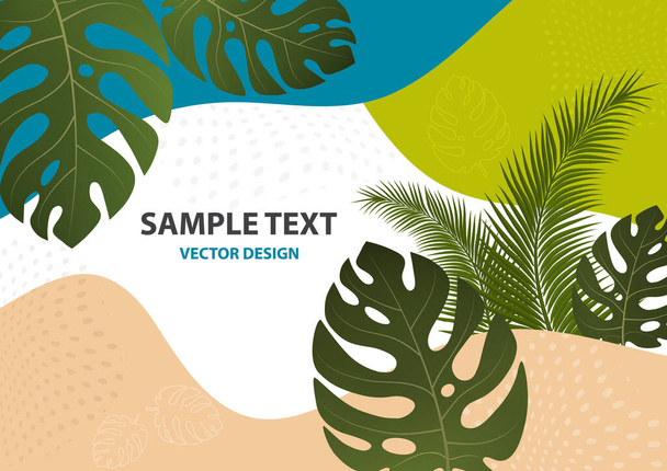 Abstract tropical background with palm leaves, monstera. Summer vector background. Composition with exotic plants on a bright background. Template for your design. Vector illustration. - Vector, Image